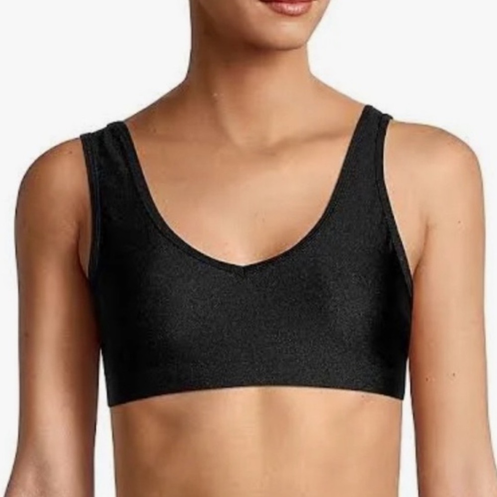 WEWOREWHAT V Neck Sports Metallic Nylon Bra Black XS
